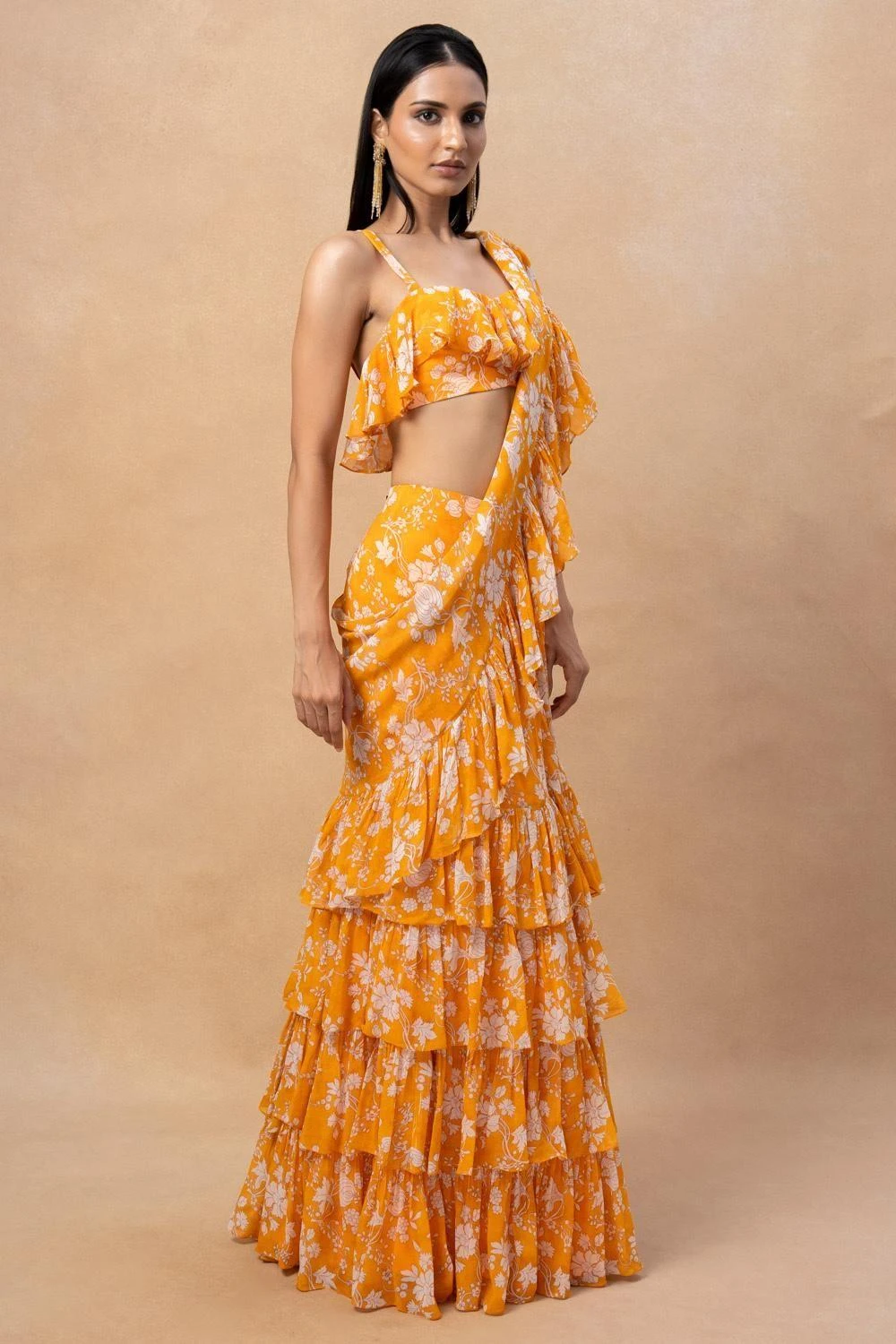 Arpita Mehta Orange Floral Printed Ruffle Sari Set 3 Arpita Mehta Orange Floral Printed Ruffle Sari Set - Image 3