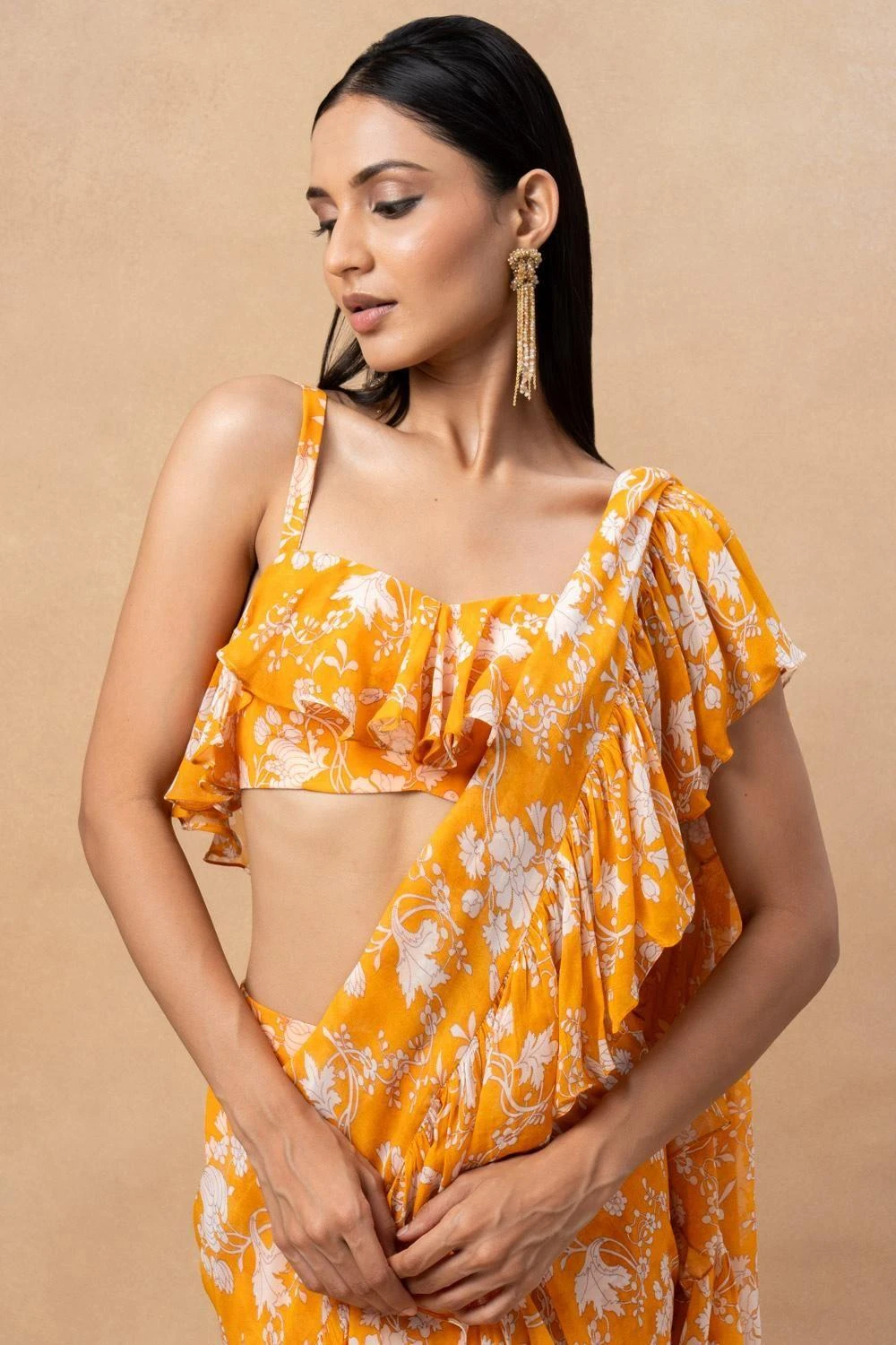 Arpita Mehta Orange Floral Printed Ruffle Sari Set 4 Arpita Mehta Orange Floral Printed Ruffle Sari Set - Image 4