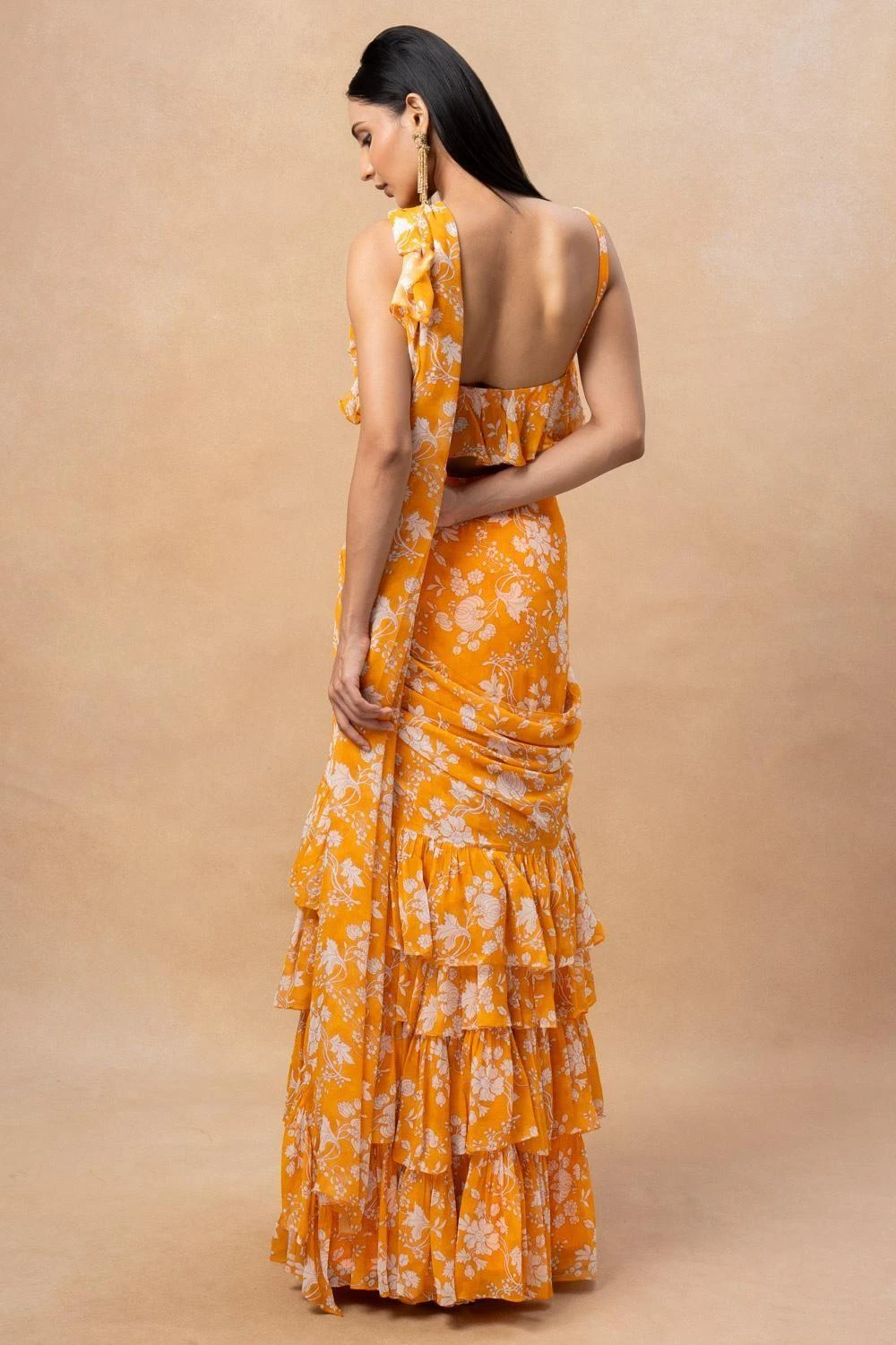 Arpita Mehta Orange Floral Printed Ruffle Sari Set 5 Arpita Mehta Orange Floral Printed Ruffle Sari Set - Image 5