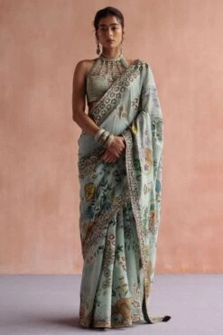 Archana Jaju Aqua Handpainted Kalamkari Sari Set