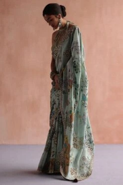 Archana Jaju Aqua Handpainted Kalamkari Sari Set -Echo Clothing Store 18423ajh3 3