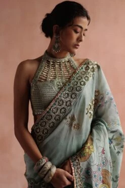 Archana Jaju Aqua Handpainted Kalamkari Sari Set -Echo Clothing Store 18423ajh3 5