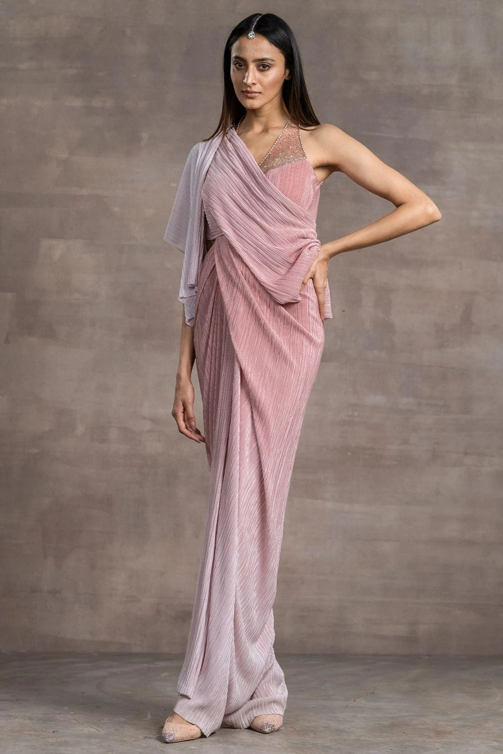Tarun Tahiliani Pink Draped Dress With Corseted Bodice 2 Tarun Tahiliani Pink Draped Dress With Corseted Bodice - Image 2