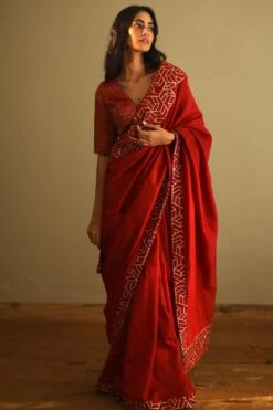Shorshe Gota Chanderi Rust Red Sari