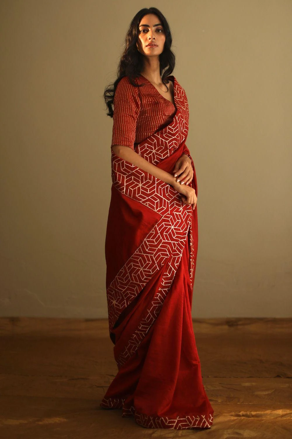 Shorshe Gota Chanderi Rust Red Sari 2 Shorshe Gota Chanderi Rust Red Sari - Image 2