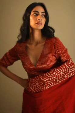 Shorshe Gota Chanderi Rust Red Sari 9 Shorshe Gota Chanderi Rust Red Sari -Echo Clothing Store 1910s25 4