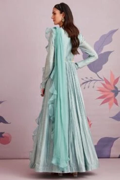 Ridhi Mehra Blue Silk Pleated Anarkali With Ruffle Dupatta -Echo Clothing Store 195rm3 4