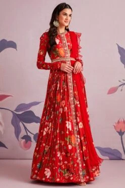 Ridhi Mehra Red Floral Pleated Anarkali With Ruffle Dupatta