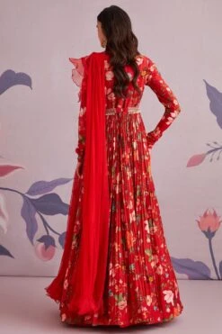Ridhi Mehra Red Floral Pleated Anarkali With Ruffle Dupatta -Echo Clothing Store 195rm4 3 1