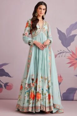 Ridhi Mehra Sea Green Floral Pleated Anarkali Set