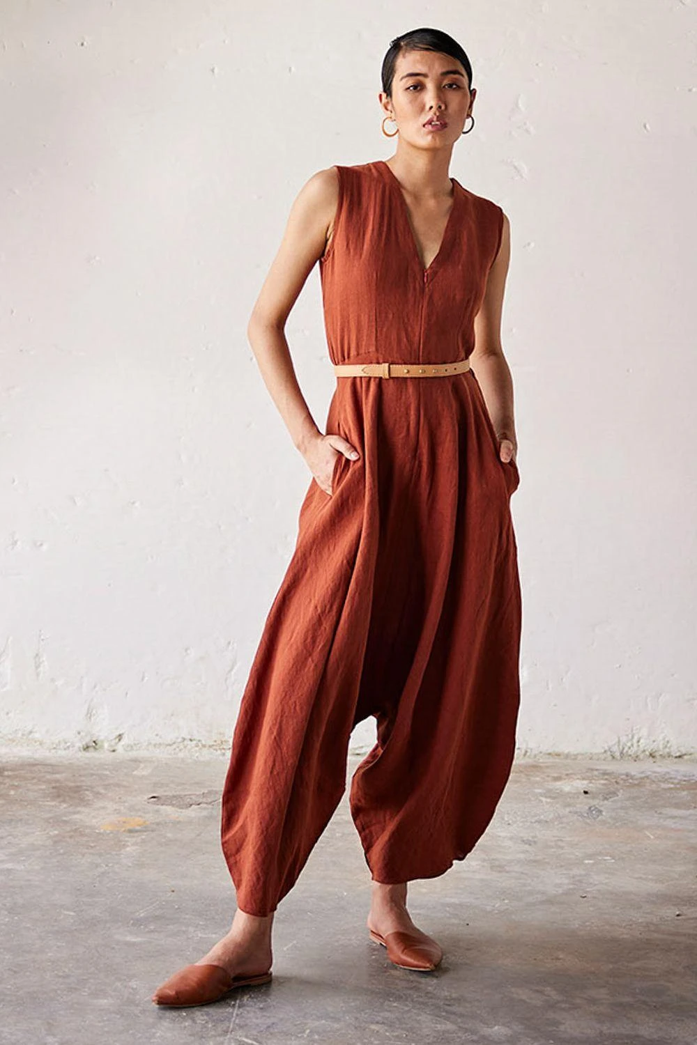 Khara Kapas Brick Red Linen Jumpsuit 1 Khara Kapas Brick Red Linen Jumpsuit