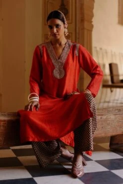 Avacara Orange Hand Embellished Kurta Set