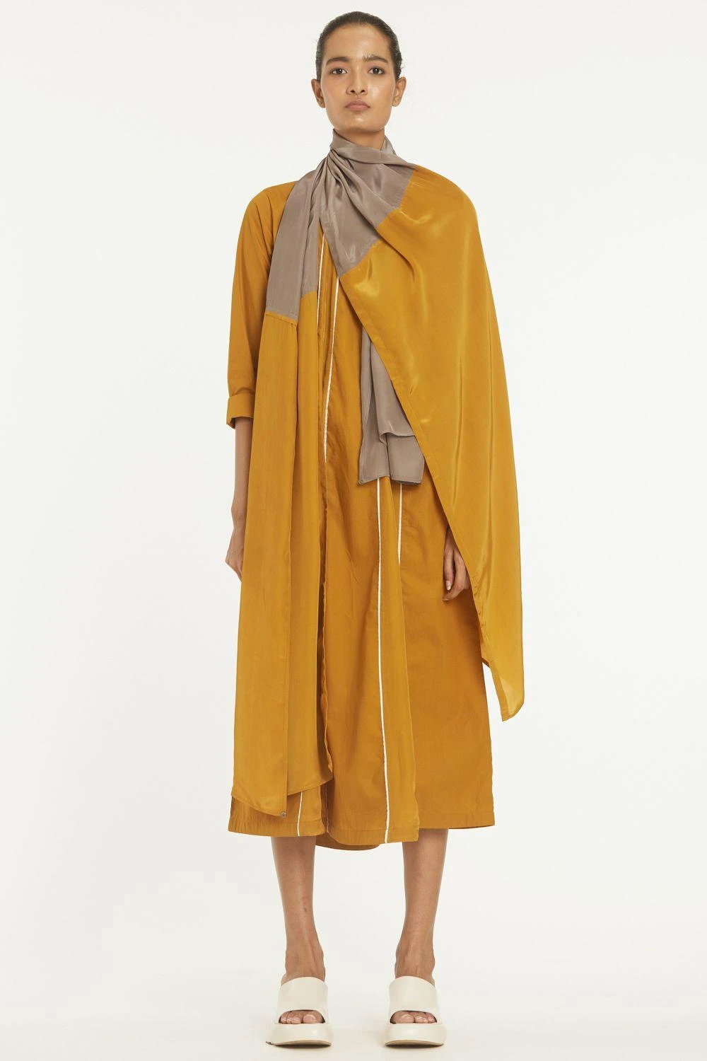 Three Mustard Yellow Panelled Kurta Set With A Dupatta 1 Three Mustard Yellow Panelled Kurta Set With A Dupatta