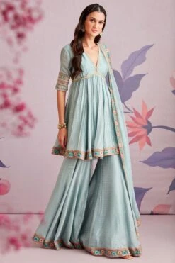 Ridhi Mehra Blue Silk Short Anarkali & Gharara With Dupatta