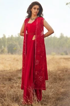 Mishru Red Embellished Sari Set