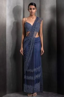 Rohit Gandhi + Rahul Khanna Galaxy Blue Tulle Pre-Draped Sari Set