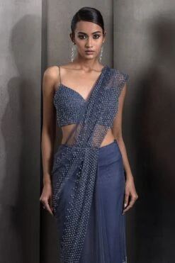 Rohit Gandhi + Rahul Khanna Galaxy Blue Tulle Pre-Draped Sari Set -Echo Clothing Store 2124rgrk26 3