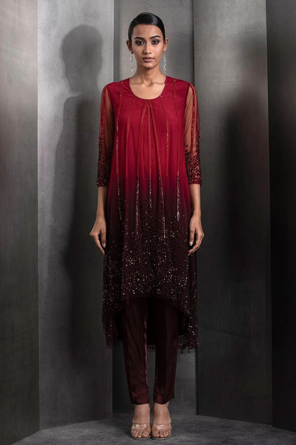 Rohit Gandhi + Rahul Khanna Claret Red Embellished Ombre Kurta-pant Set 1 Rohit Gandhi + Rahul Khanna Claret Red Embellished Ombre Kurta-pant Set