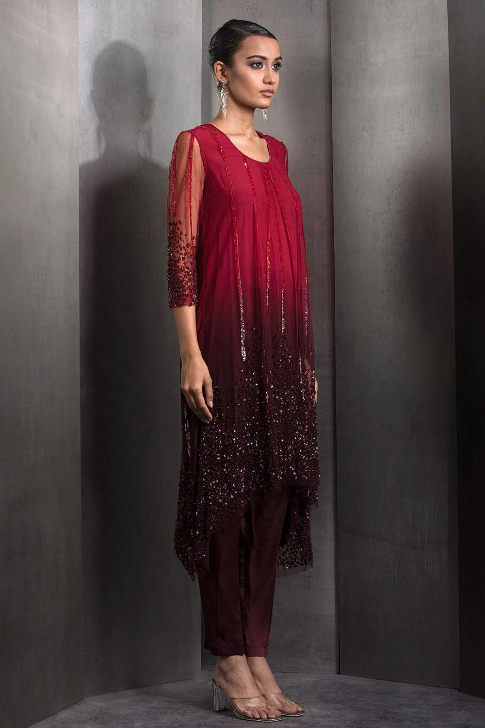 Rohit Gandhi + Rahul Khanna Claret Red Embellished Ombre Kurta-pant Set 2 Rohit Gandhi + Rahul Khanna Claret Red Embellished Ombre Kurta-pant Set - Image 2