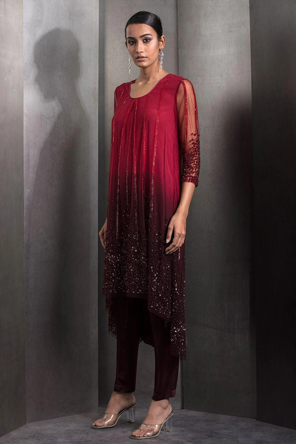 Rohit Gandhi + Rahul Khanna Claret Red Embellished Ombre Kurta-pant Set 3 Rohit Gandhi + Rahul Khanna Claret Red Embellished Ombre Kurta-pant Set - Image 3