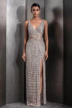 Rohit Gandhi + Rahul Khanna Goldstone Mist Cross-over Panel Gown