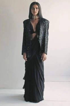 Arpita Mehta Black Ruffle Sari & Jacket Set