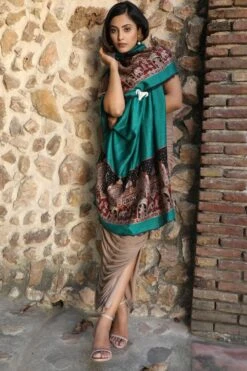 Dusala India Green Cashmere Fine Wool Aari Work Stole -Echo Clothing Store 2211dus23 5