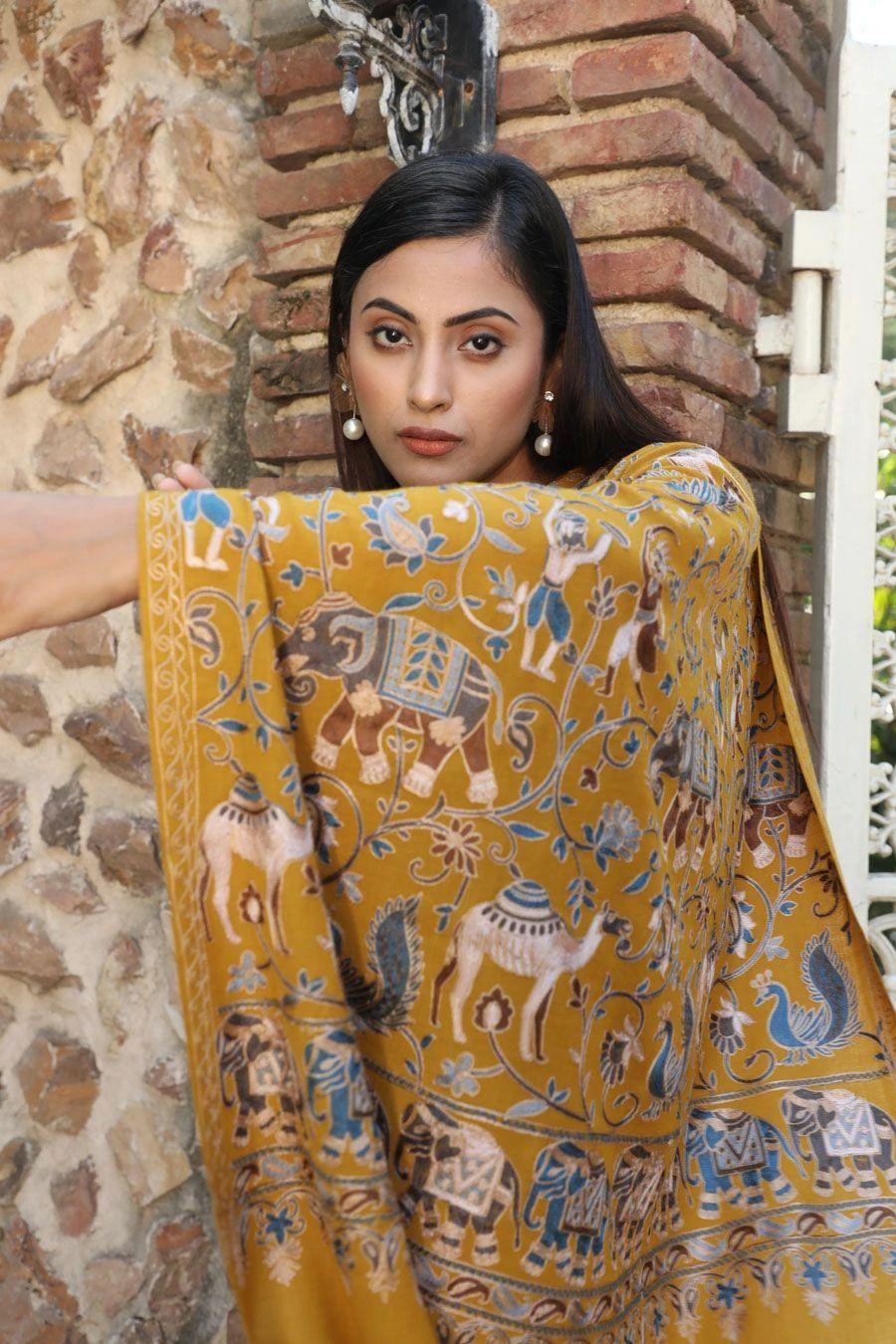 Dusala India Mustard Aari Work Handwoven Cashmere Stole 3 Dusala India Mustard Aari Work Handwoven Cashmere Stole - Image 3