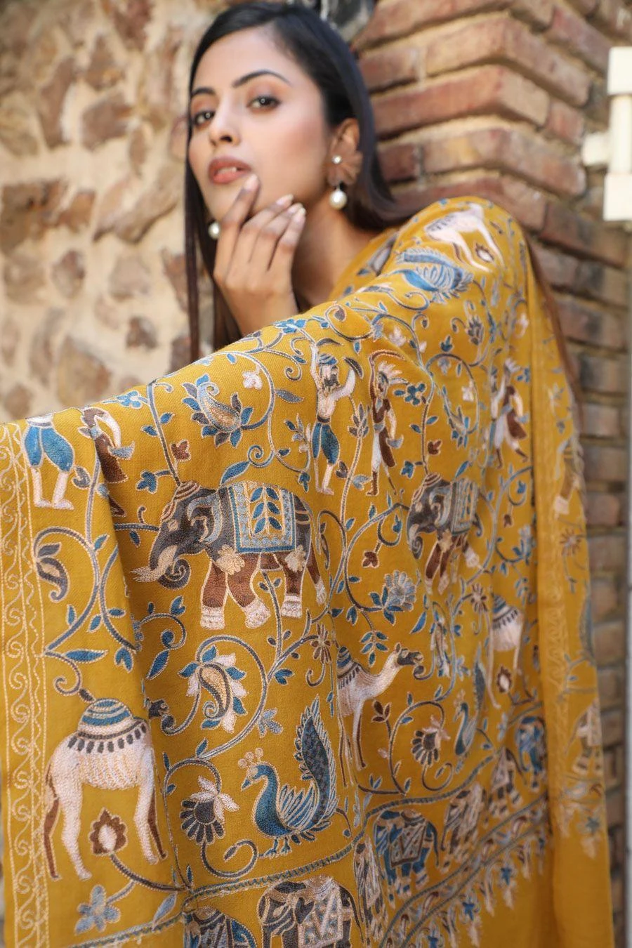 Dusala India Mustard Aari Work Handwoven Cashmere Stole 4 Dusala India Mustard Aari Work Handwoven Cashmere Stole - Image 4