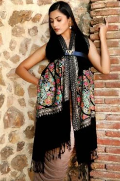 Dusala India Black Cashmere Fine Wool Aari Work Stole -Echo Clothing Store 2211dus25 3