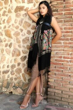 Dusala India Black Cashmere Fine Wool Aari Work Stole -Echo Clothing Store 2211dus25 4