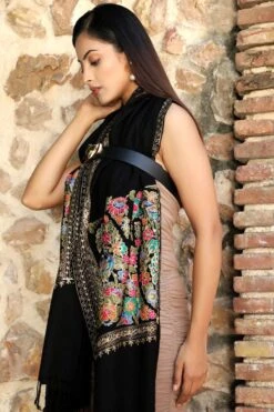 Dusala India Black Cashmere Fine Wool Aari Work Stole -Echo Clothing Store 2211dus25 5