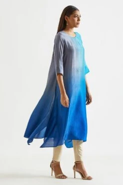 Meghna Panchmatia Ombre Blue Silk Asymmetric Kurta