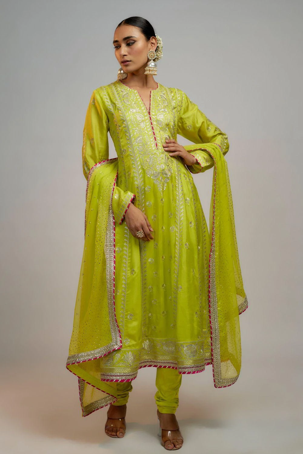 Gopi Vaid Chartreuse Chic Sequin Adorned Anarkali Set 1 Gopi Vaid Chartreuse Chic Sequin Adorned Anarkali Set