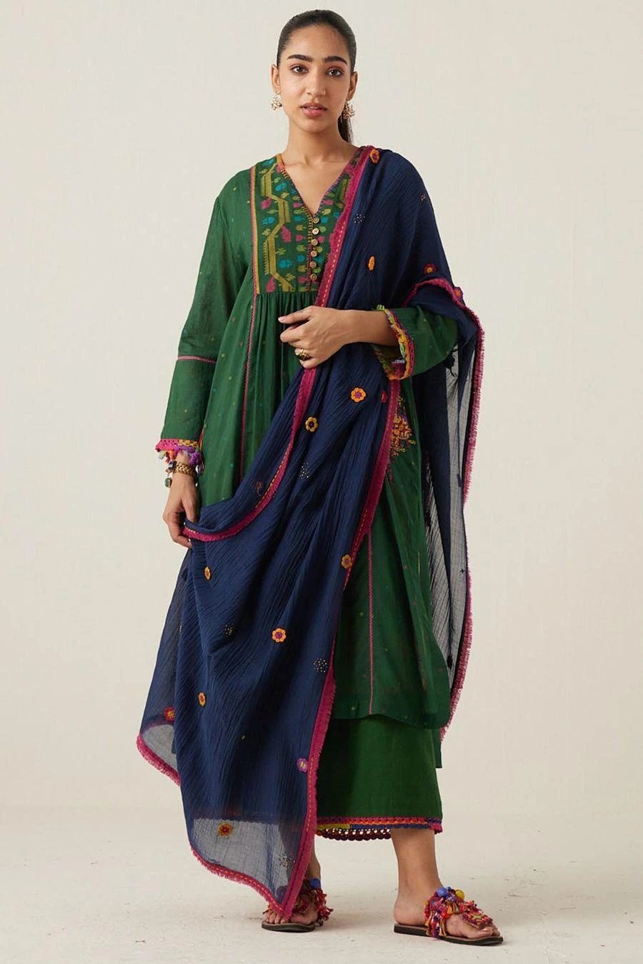 Sunira Designs Blue Gulzaar Frayed Stole 1 Sunira Designs Blue Gulzaar Frayed Stole