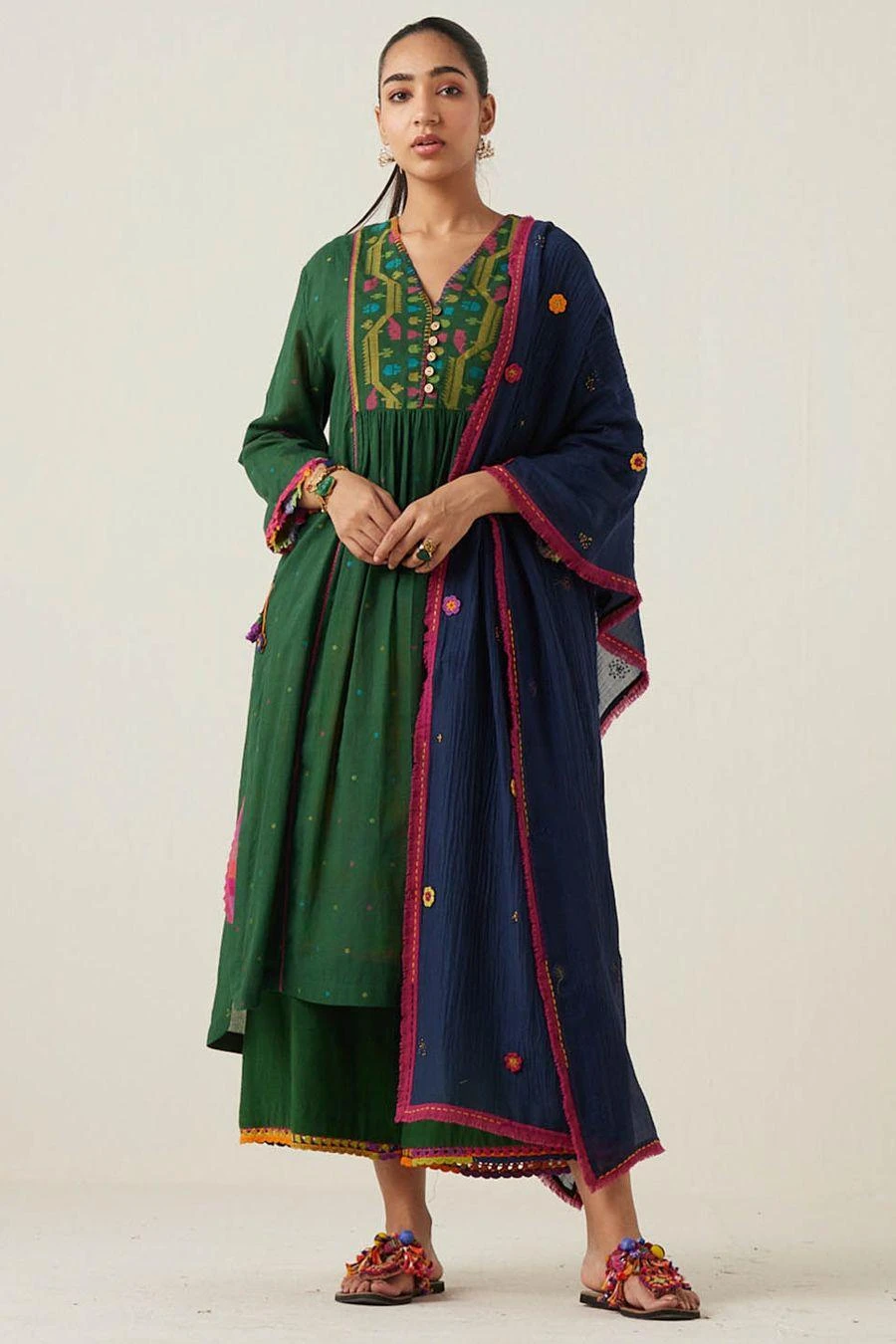 Sunira Designs Blue Gulzaar Frayed Stole 2 Sunira Designs Blue Gulzaar Frayed Stole - Image 2