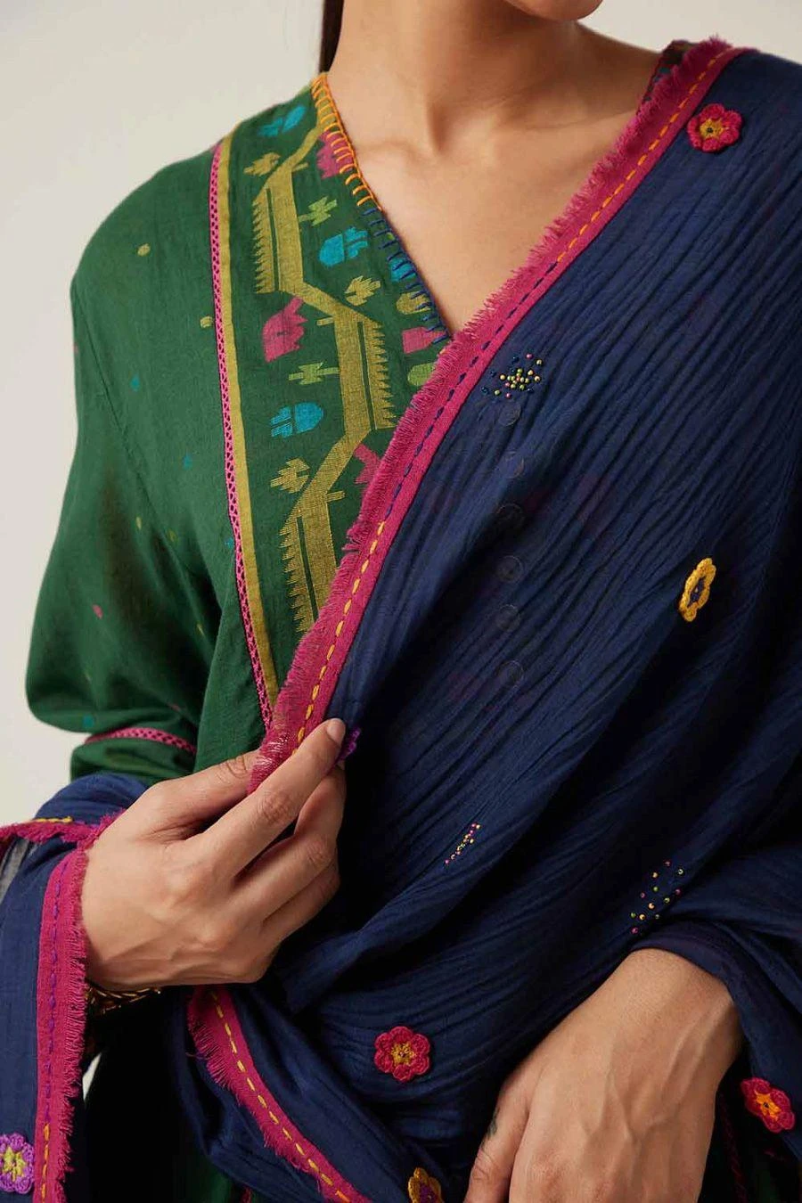 Sunira Designs Blue Gulzaar Frayed Stole 3 Sunira Designs Blue Gulzaar Frayed Stole - Image 3