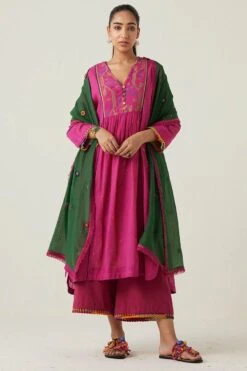 Sunira Designs Green Gulzaar Frayed Stole