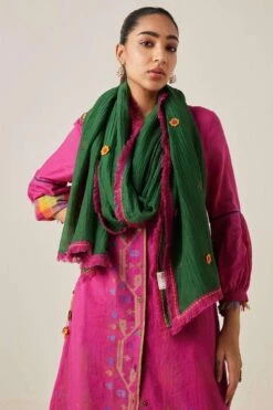 Sunira Designs Green Gulzaar Frayed Stole -Echo Clothing Store 2222323sg46 6