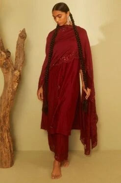 Sarang Kaur Maroon Hand Embroidered Cutwork Dupatta