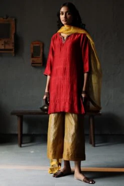 Shorshe Ruby Red Mulberry Silk Kurta Set