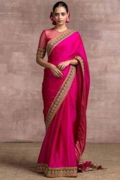 Tarun Tahiliani Hot Pink Tulle Sari & Blouse Set