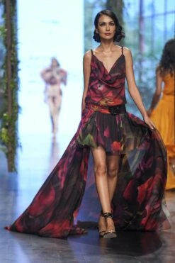 Gauri & Nainika Midnight Botanical Printed High-low Gown