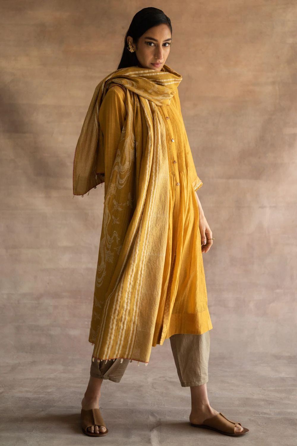 Swatti Kapoor Handwoven Chanderi Scarf In Mustard 3 Swatti Kapoor Handwoven Chanderi Scarf In Mustard - Image 3