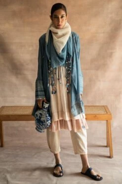 Swatti Kapoor Indigo Chanderi Mul Tasseles Scarf