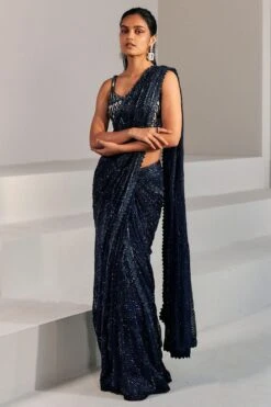 Ritika Mirchandani Navy Blue Pre-stitched Embellished Sari Set