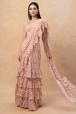 Arpita Mehta Toasted Orange Butti Printed Ruffle Sari Set