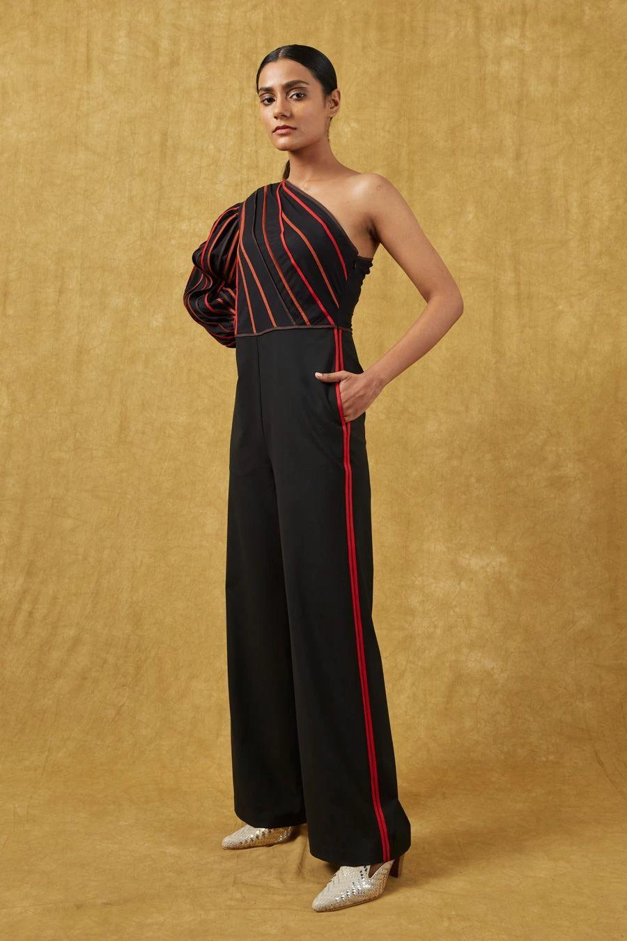 Bodice Black Pleated Jumpsuit With A Drape 2 Bodice Black Pleated Jumpsuit With A Drape - Image 2