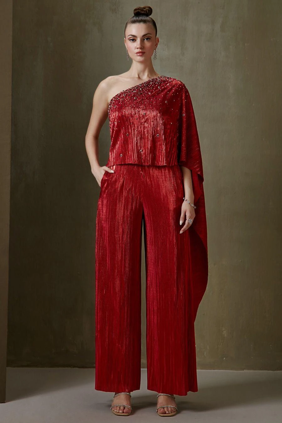 Namrata Joshipura Red Jewel Cluster One Shoulder Jumpsuit 1 Namrata Joshipura Red Jewel Cluster One Shoulder Jumpsuit
