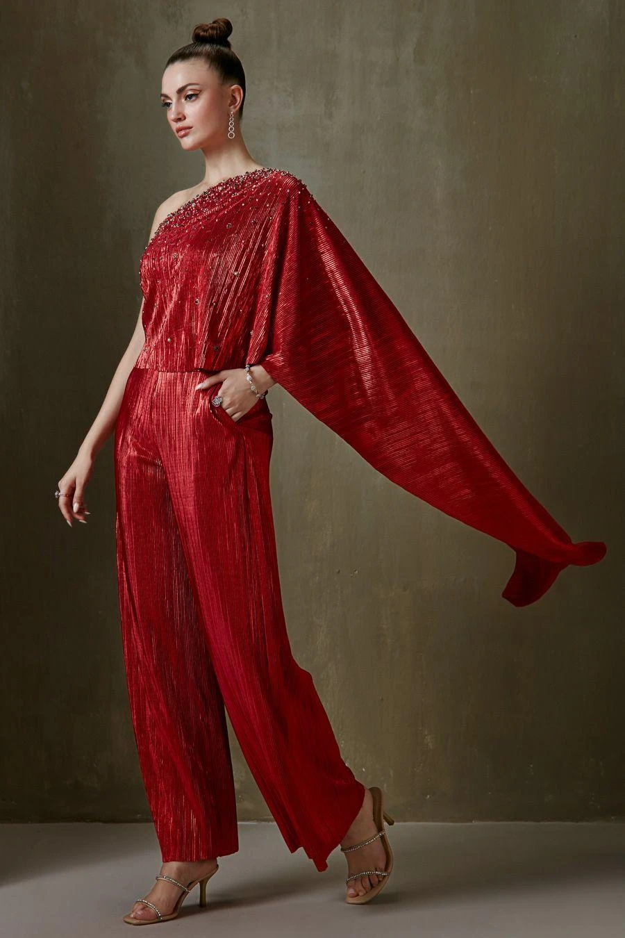 Namrata Joshipura Red Jewel Cluster One Shoulder Jumpsuit 3 Namrata Joshipura Red Jewel Cluster One Shoulder Jumpsuit - Image 3